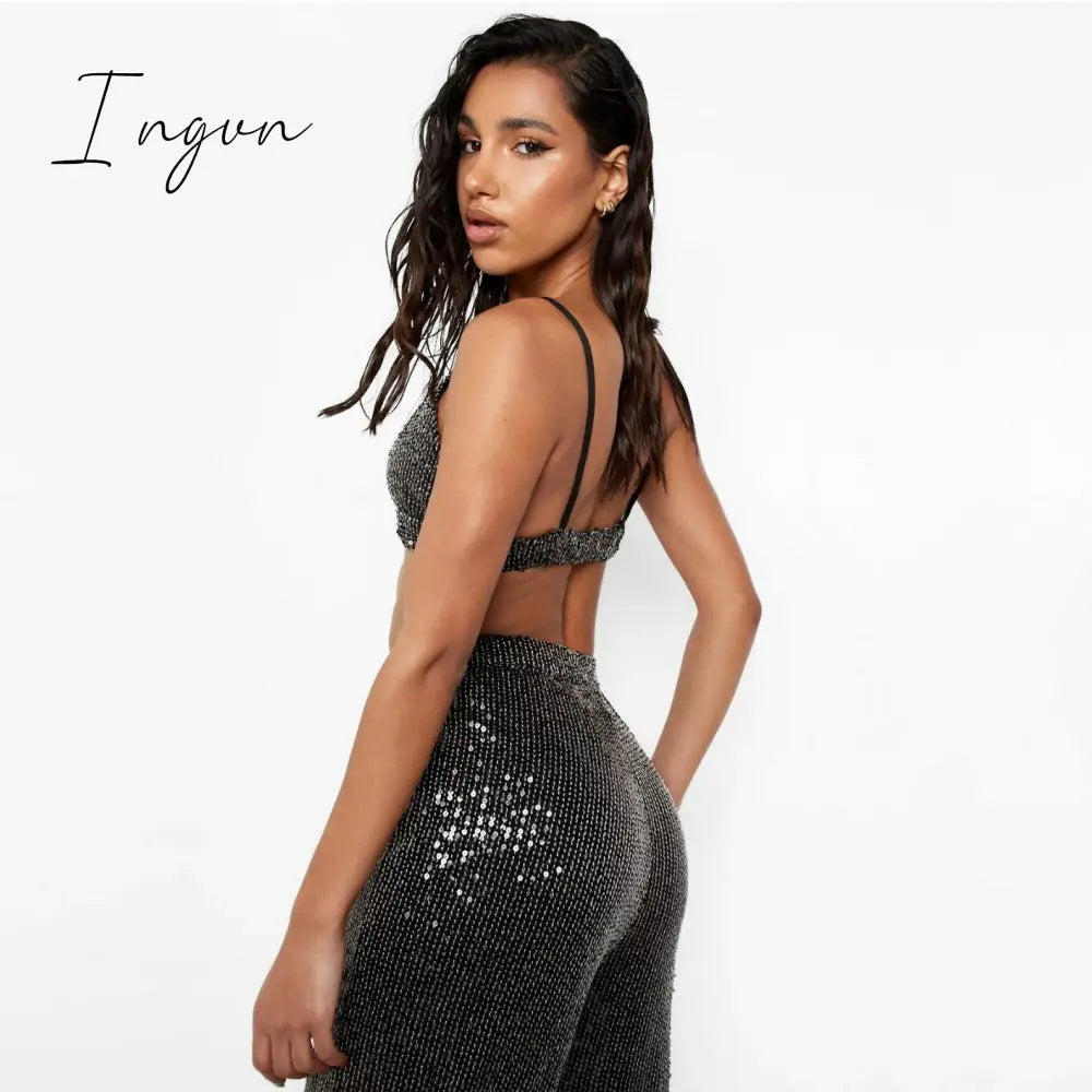 Ingvn - Sparkly Two-piece Set Party Outfits For Womens Sequin Top Blouse Shirt And Pants Suit Female Luxury Evening Tracksuit New