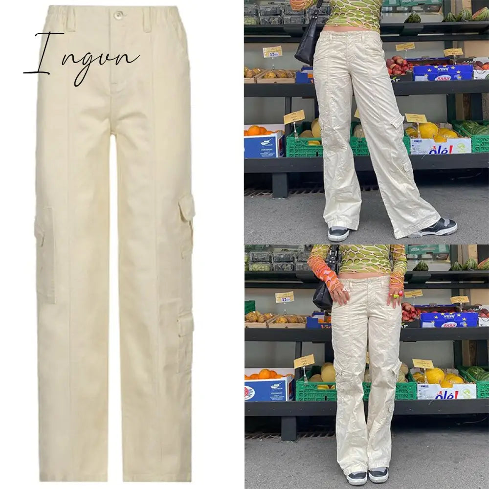 Ingvn - Women Spring Fashion Multi Pockets White Cargo Pants Women Adjustable Low Waist Baggy Wide Leg Jeans Oversized Casual Trousers Retro Bottoms Iamhotty
