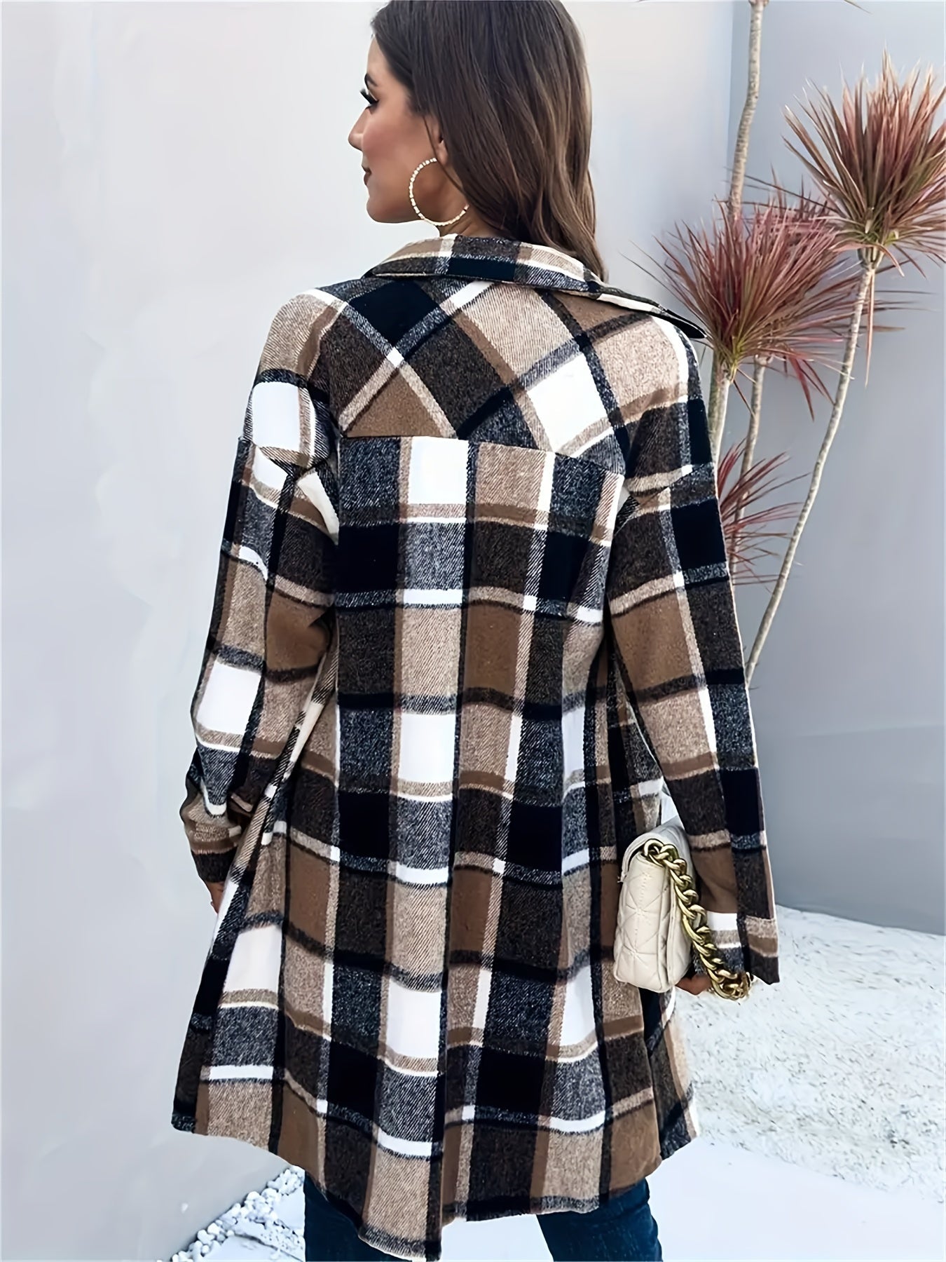 Classic Mid-Length Buffalo Plaid Shirt Jacket with Functional Pocket, Chic Turndown Collar, and Contrasting Buttons