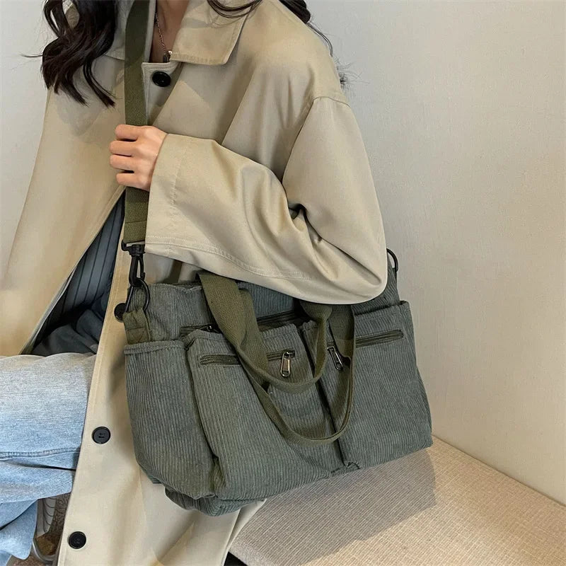 Ingvn  Large Capacity Corduroy Women Tote Bag Classic Korea Style Elegant Shoulder Bag Traveling Multilayer Thick Classy Crossbody Bag