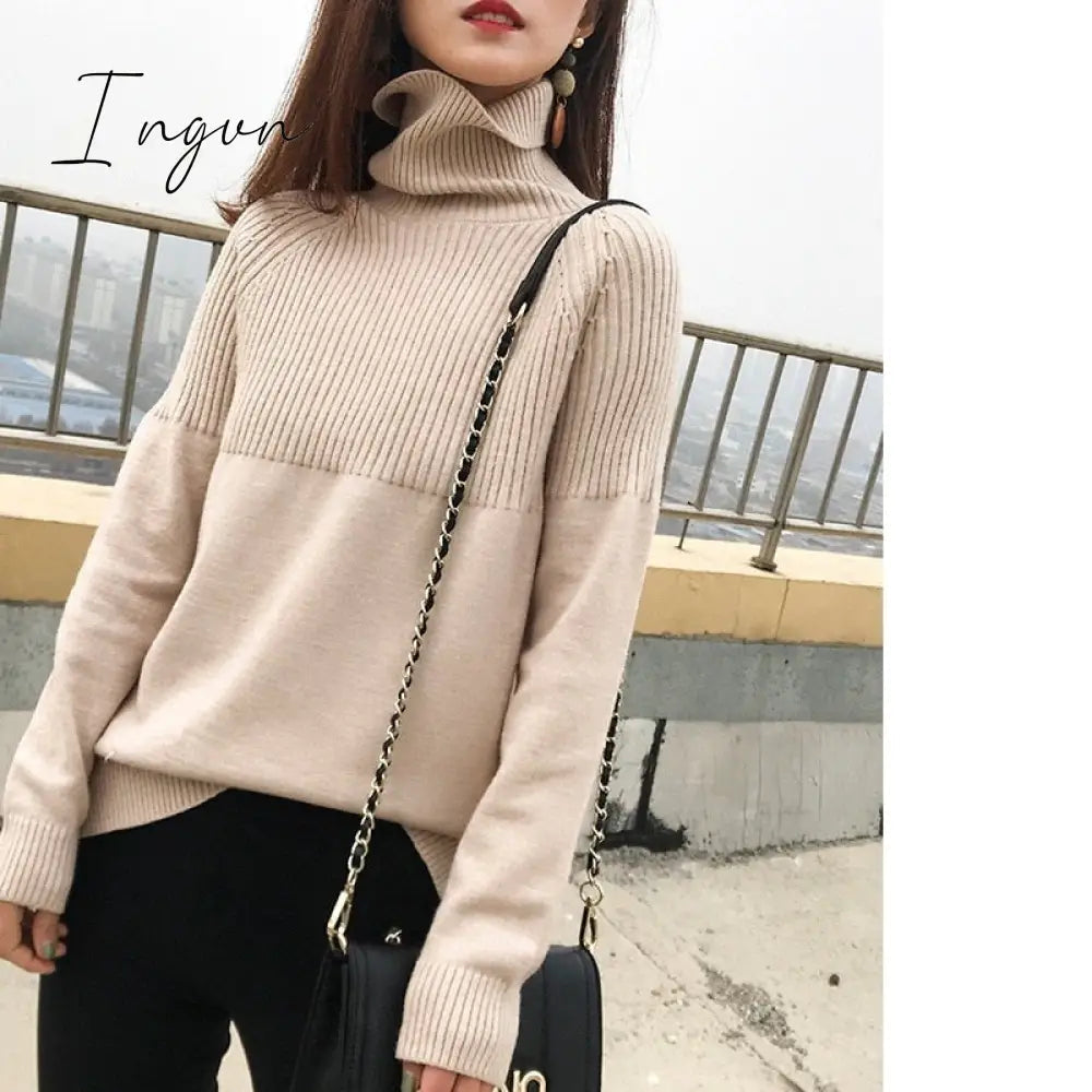 Ingvn - Ladies Sweater 2023 New In High Collar Autumn/Winter Women's Pullovers Sweater Solid Color Loose Women's Winter Blouse Jumpers