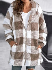 Ingvn - Women's Sherpa Jacket Fleece Long Teddy Coat Windproof Warm Home Christmas Daily Wear Vacation Zipper Pocket Zipper Hoodie Ordinary Modern Plush Plaid Regular Fit Outerwear Long Sleeve Winter Fall