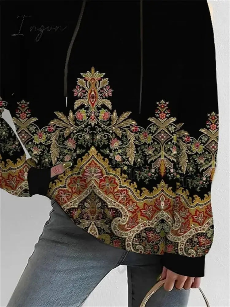 Ingvn - Women's Sweatshirt Pullover Basic Drawstring Black Graphic Casual Round Neck Long Sleeve Top Micro-elastic Fall & Winter