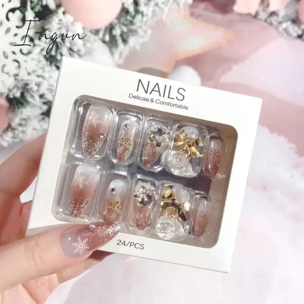 Handmade Press on Nails Long Ballet Blue Fake Nails with 3D Snowflake Moon Rhinestone Design False Nails Full Cover Nail Tips
