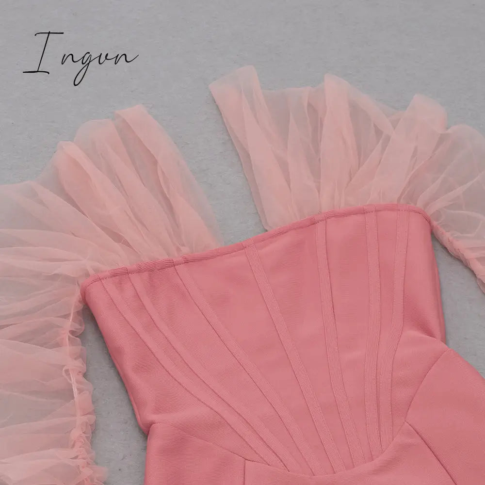 Ingvn - Fashion Trends Summer Women Sexy Off Shoulder Long Sleeve Backless Mesh Pink Mini Bodycon Bandage Dress Elegant Evening Club Party Dress