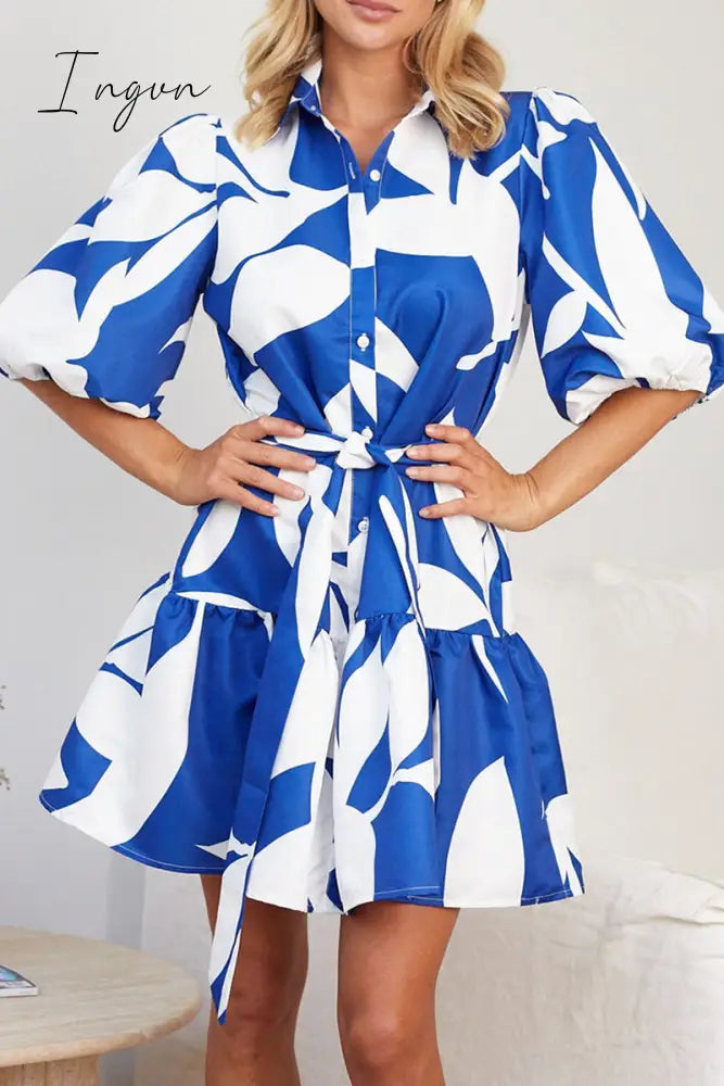 Ingvn - Casual Geometric Print Bandage Turndown Collar A Line Dresses