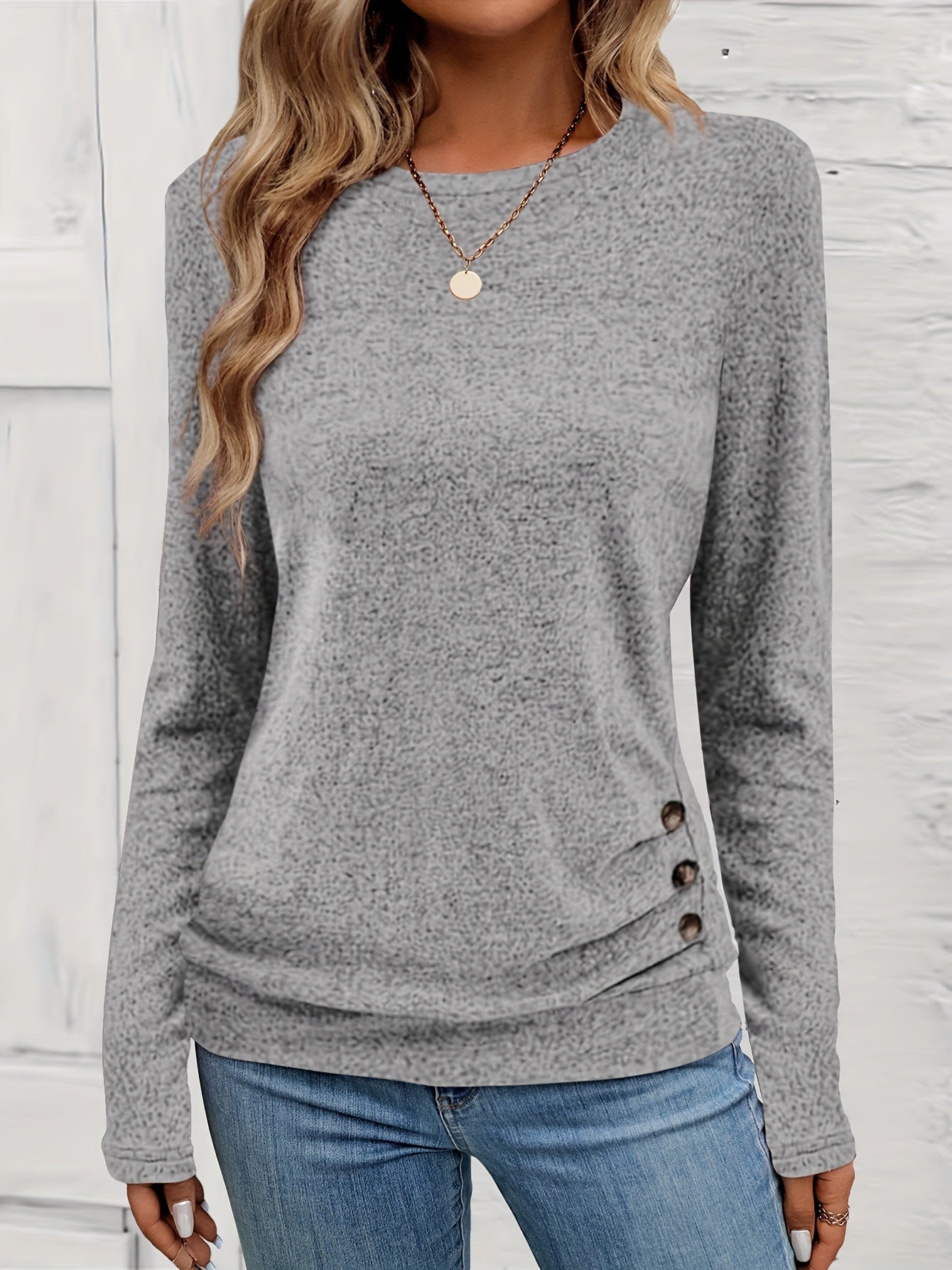 Button Decor Ruched T-Shirt, Casual Long Sleeve Top For Spring & Fall, Women's Clothing
