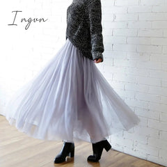 Ingvn - Autumn Winter Vintage Tulle Skirt Women Elastic High Waist Mesh Skirts Long Pleated Tutu Skirt Female Jupe Longue