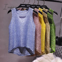 Ingvn - 2023 Summer New Sexy Hollow Sequined Knit Camisole Top Sleeveless Hollow Out Top Shirt Women's Loose Casual Crop Top Tops