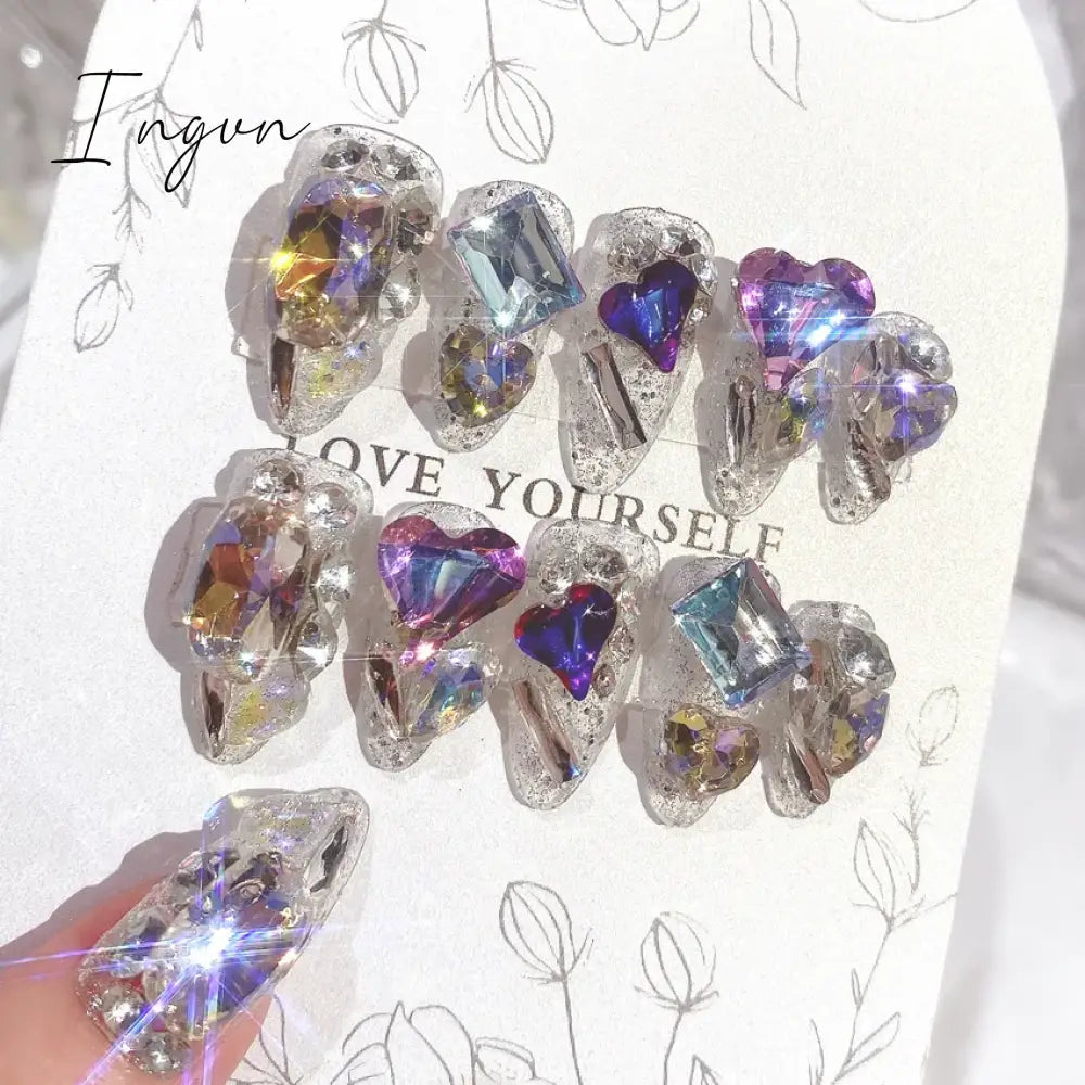 Glitter Fairy Rhinestone False nail Tips for Bride lady Wearable Sweet Crystal Design Press on Nails Mid Length Fake Nail Patch