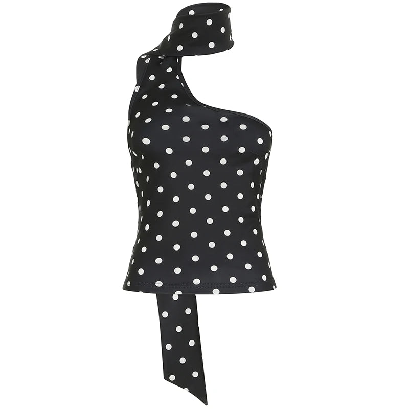 Asymmetrical Polka Dot Tank Top with Scarf Chic Sleeveless Skinny Black Cropped Tops Women Casual Streetwear Tee y2k Vest