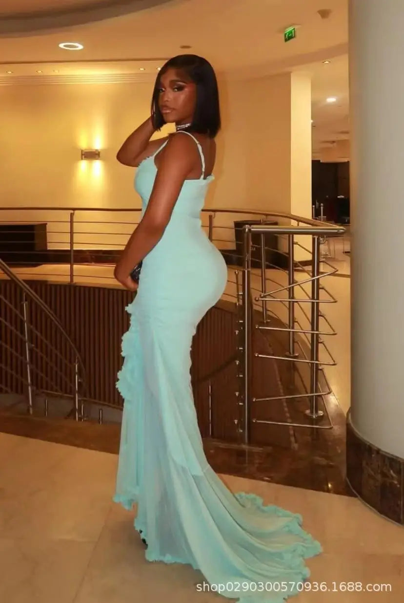 Elegant Solid Irregular Hem Pleated Dress Sexy Backless Off-the-shoulder Spaghetti Strap Vestidos New Lady Banquet Party Gowns