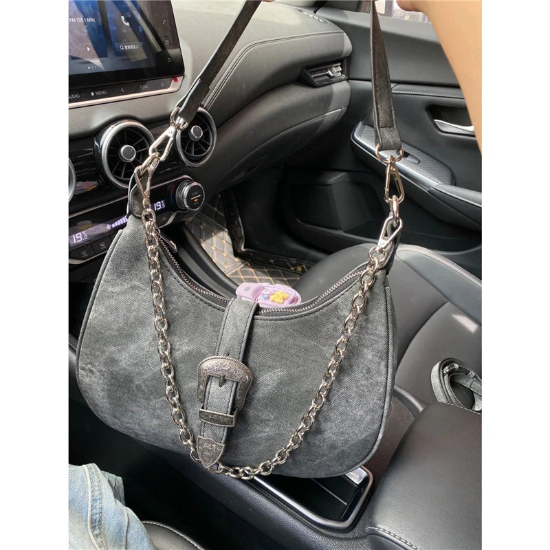 Ingvn  Retro Black Women's Small Shoulder Bag Fashion Half Moon Female Underarm Bag Chain Design Ladies Tote Purse Portable Handbag