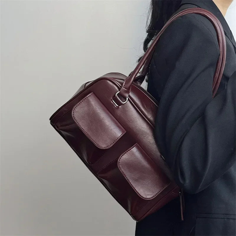 INGVN  Vintage Women Business Shoulder Bags Simple Ladies Commute Tote Bag Pu Leather Female Underarm Bag Burgundy Large Handbags Purse