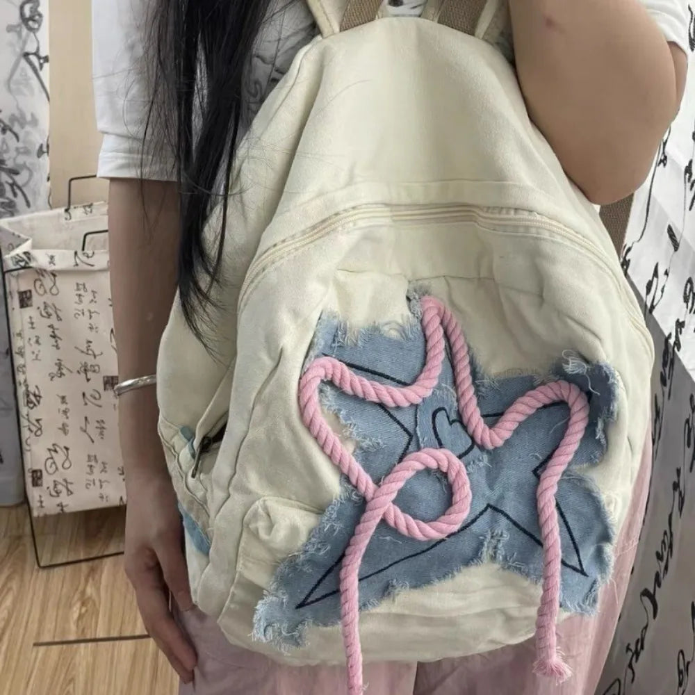 Ingvn  Women Y2K Exquisite Sweet Fresh Panelled Handle Satchel Denim Student Preppy Style Literary Backpacks Star Canvas Shoulder Bags