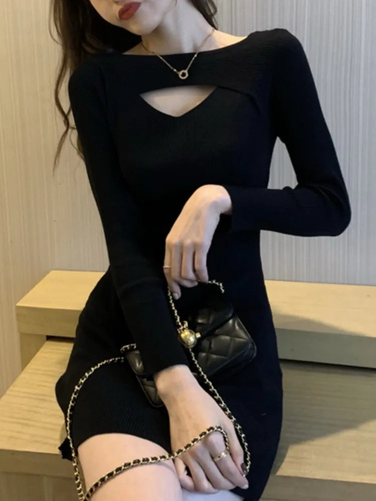 Autumn Hollow Out Knitted Dresses for Women Long Sleeve Solid Bodycon Casual Mini Dress Korean Fashion Vestidos Mujer Knitwear
