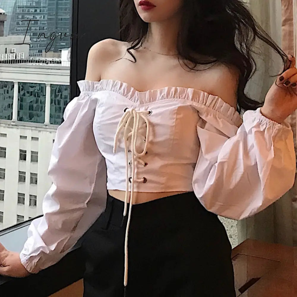 Ingvn - Womens Off Shoulder Top Long Sleeve Ruffle Vintage Blouse With Puff Sleeves Lace Up Ladies Tops Bandage Crop Tops Black White