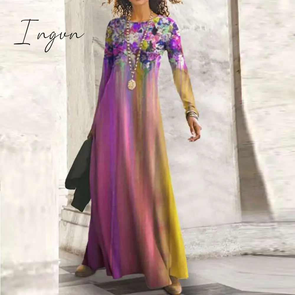 Ingvn - Fashion Shiny Long Office Lady Party Dress Women Vintage Round Neck Long Sleeve Maxi Dress Autumn Slim Boho Spring Dresses