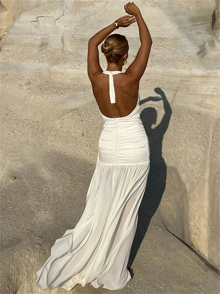 V-Neck Backless Lace-Up Long Dress Women's Ruffled Patchwork Sexy Bandage High Waist Solid Dress Ladies Autumn Maxi Dress