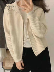 Ingvn - Deeptown Casual Knitted Cardigan Sweaters Women Autumn Vintage Zip-up Solid Loose Long Sleeve Tops Knitwear Chic Kpop