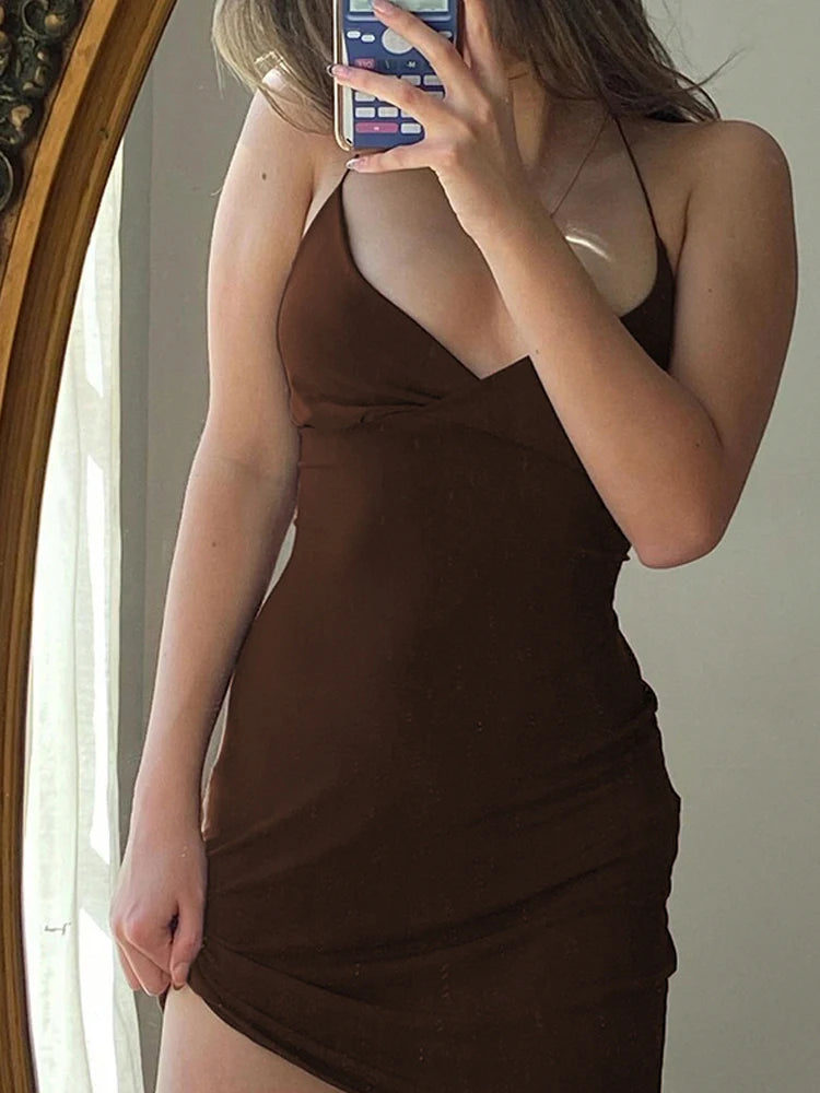 Women Maxi Dress Summer Elegant Solid Sleeveless Nipped Waist Slim Backless Ruffled Irregular Party Dresses StreetwearVintage Brown Women Bodycon Dress Sexy V Neck Sleeveless Party Mini Dresses Solid Basic Backless Stre
