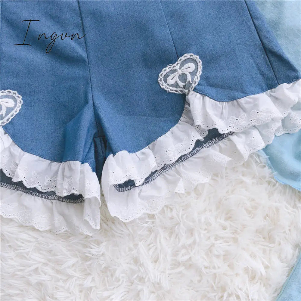 Ingvn - Summer Outfits Trends Cute Lolita Girls Denim Shorts Japanese Sweet High Waist Lace Irregular Women's Shorts S-4XL Summer Kawaii Sexy Blue Shorts