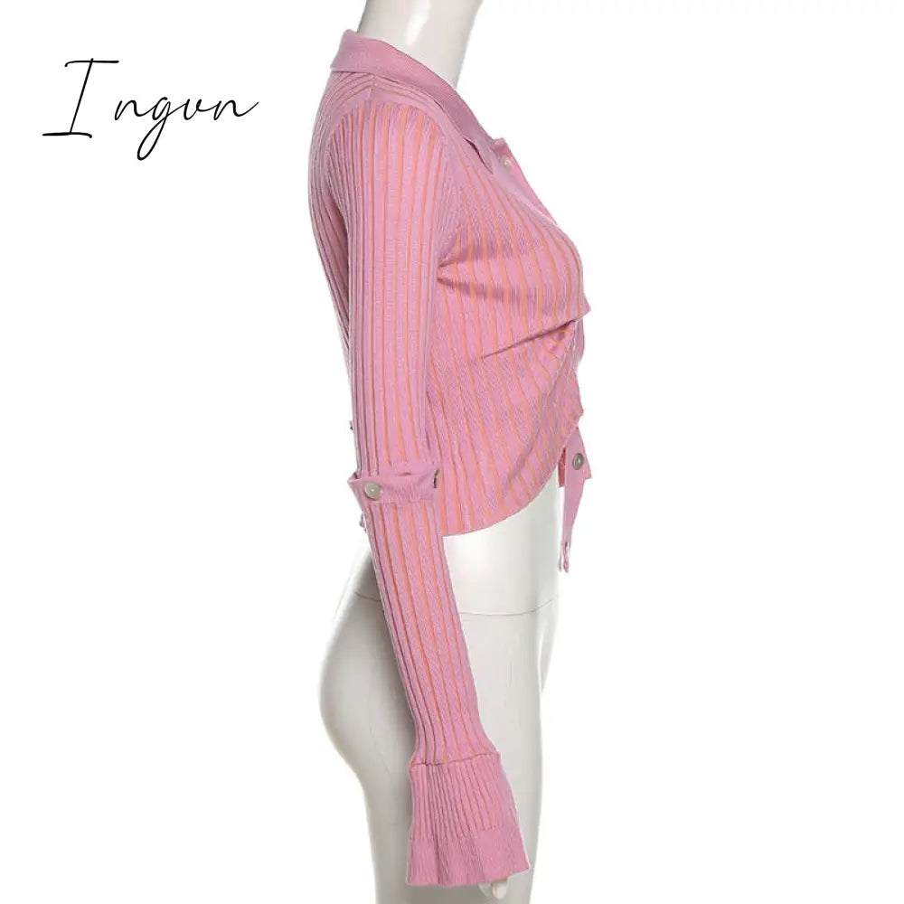Ingvn - Fashion Trends Single Breasted Knitted Sweater Women Sexy Long Sleeve Asymmetrical Cardigans Solid Turn Down Collar Autumn Fashion Tops