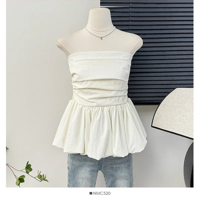 French One Shoulder Pleated Slim Tube Top Women Sexy Waist Ruffled Sleeveless Vests Summer Y2k Solid All Match Tanks