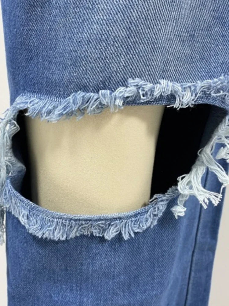 Ingvn  Women's Denim Pants  Summer Fashion High Waisted Handmade Frayed Edge Wide Leg Pants Streetwear Ripped Baggy Jeans
