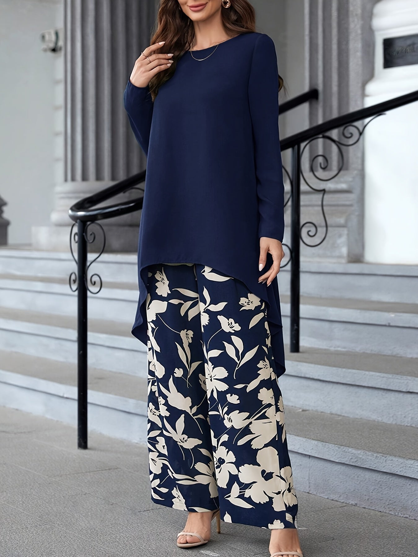 Long Sleeve Crew Neck Vacation Style Elegant Pantsuits, Wide Leg Pants & Dipped Hem Top Outfits, Women's Clothing