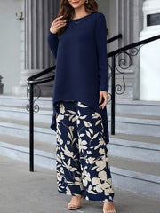 Long Sleeve Crew Neck Vacation Style Elegant Pantsuits, Wide Leg Pants & Dipped Hem Top Outfits, Women's Clothing