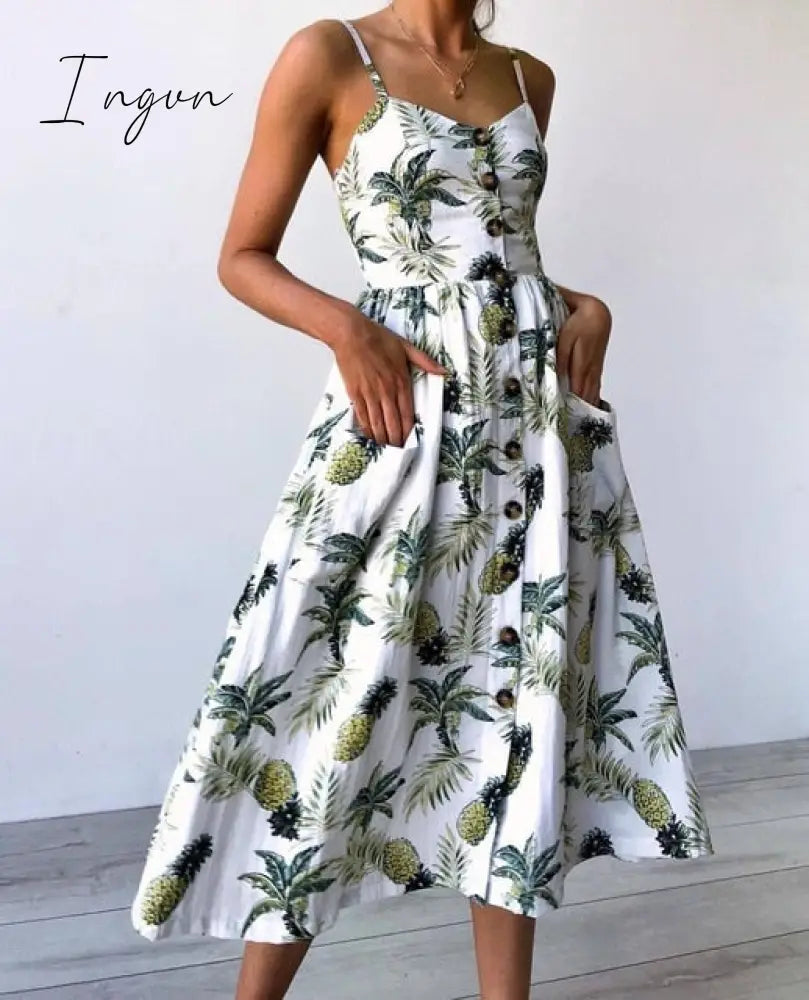 Ingvn - Vintage Casual Sundress Female Beach Dress Midi Button Backless Polka Dot Striped Women Dress Summer Boho Sexy Floral Dress