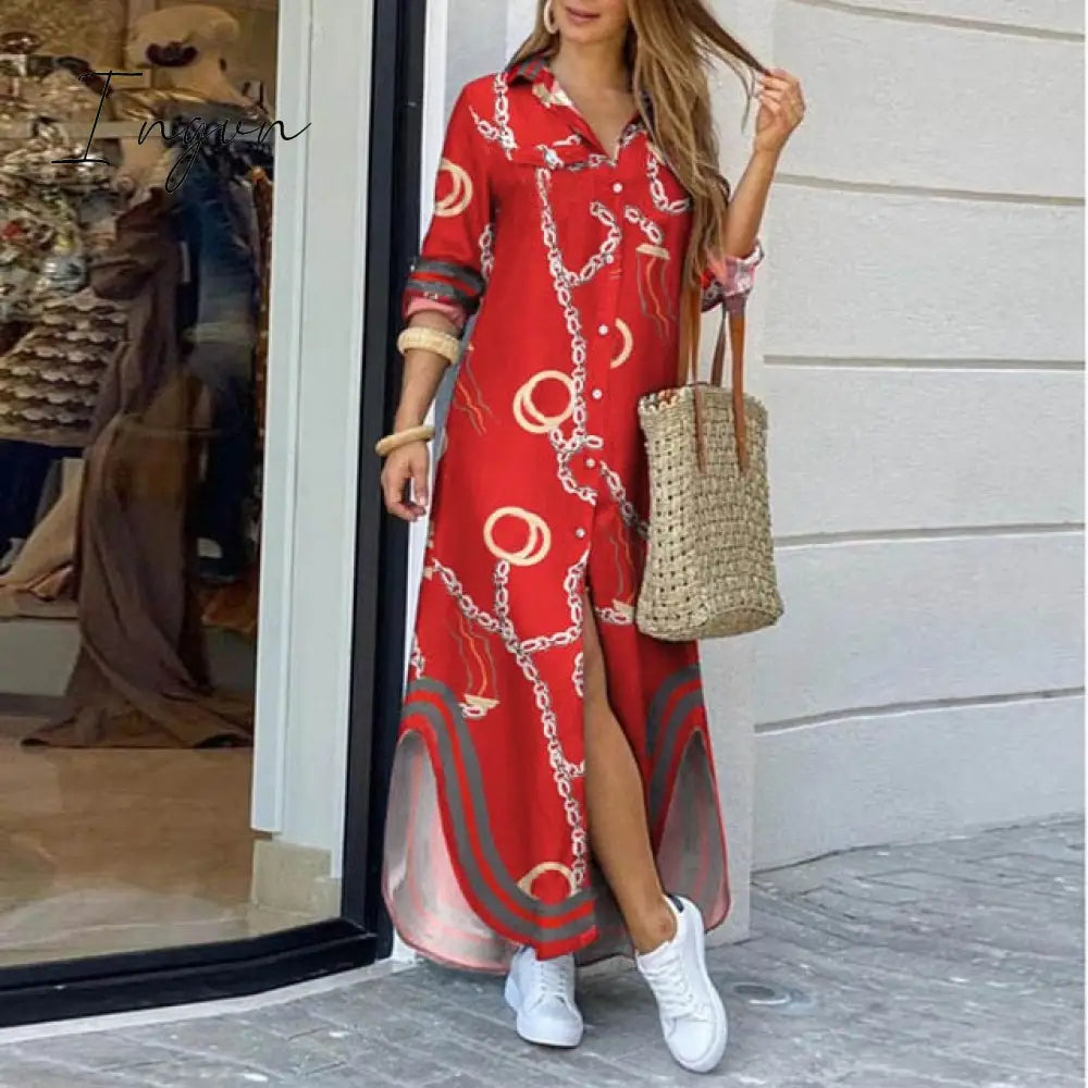 Ingvn - Fashion Women Long Sleeve Shirt Dress Autumn  Printed OL Long Dresses Laides Turn-down Collar Loose Sundress Party Dresses