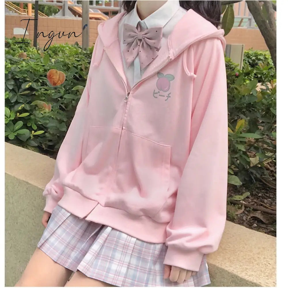 Ingvn - Harajuku Sweet Fruit Print Women Hoodie Pocket Spring Loose Thin Zipper Sweatshirt Girl Cute Pink Plus Size Clothes Among Us