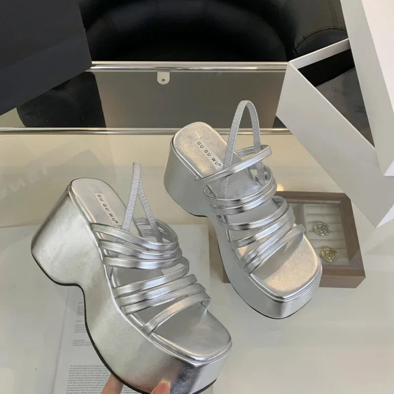 Ingvn  Silver Wedge Sandals Women Platform Shoes Black Belt High Heels Gladiator Chunky Heeled  Summer Wedges Zapatos De Mujer