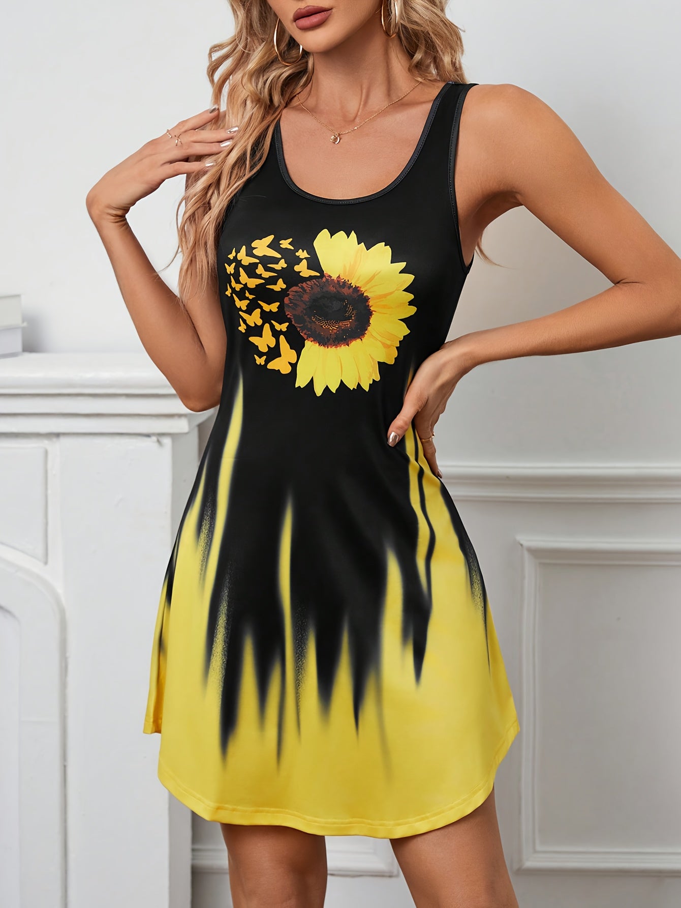 Vibrant Butterfly & Floral Print Ombre Tank Dress - Sleeveless, Casual, Comfortable, Breathable, Spring & Summer Essential - Women's Fashion Clothing for Warm Weather