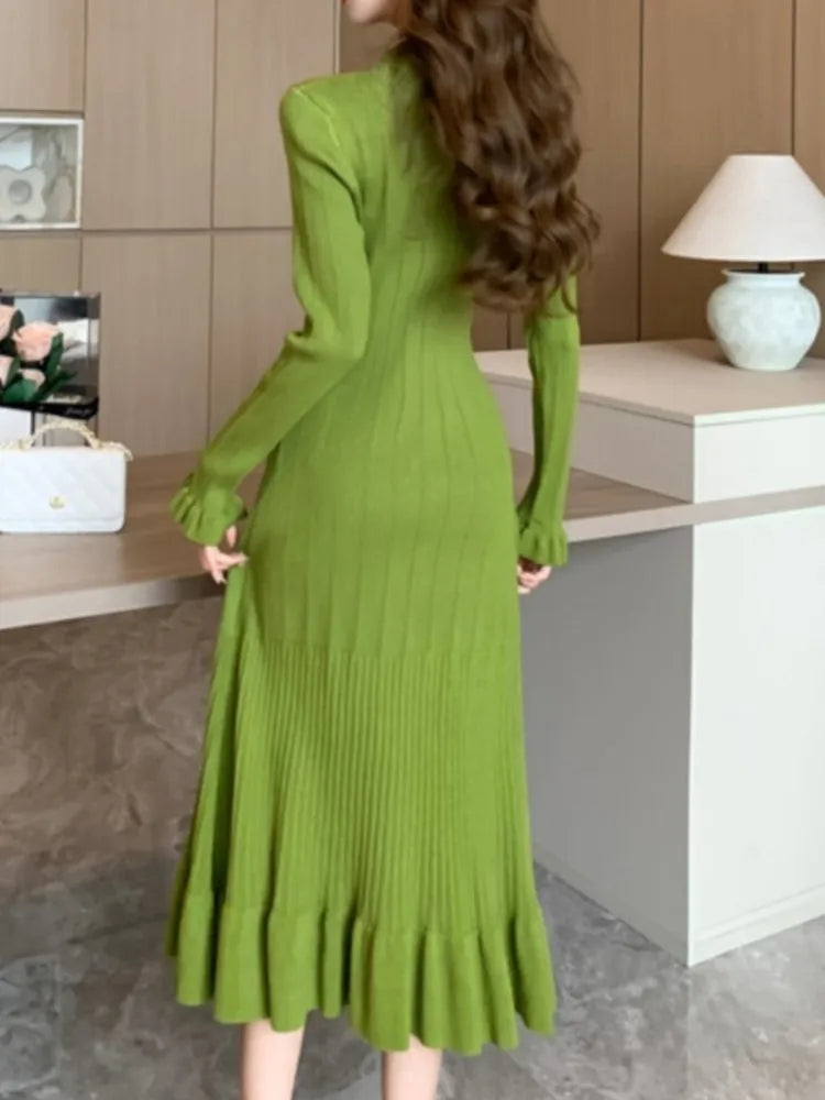 Solid Knitted Dresses for Women Autumn Single Breasted Chic Flared Sleeve Ruffles Hem Casual Female Office Elegant Robes