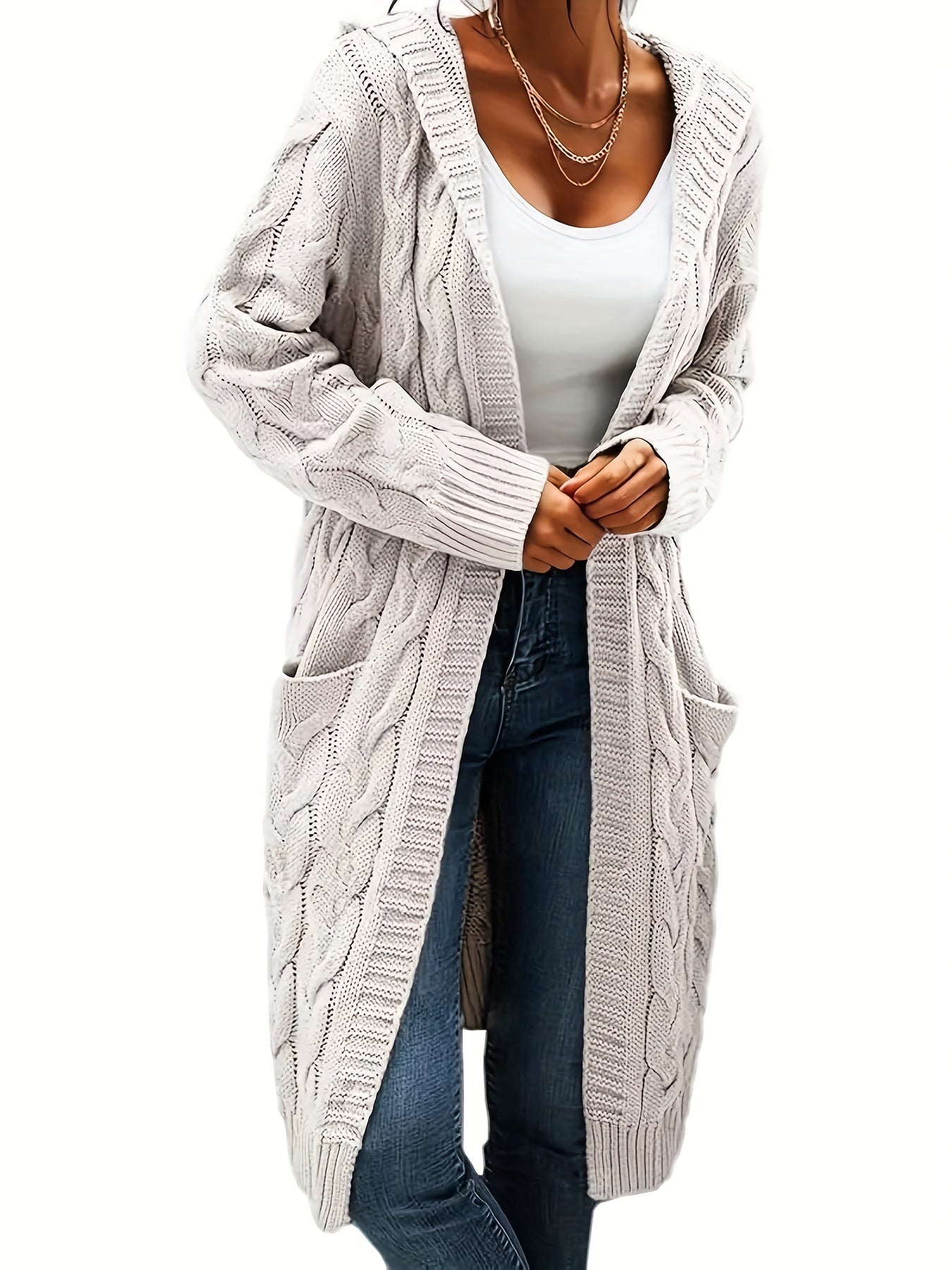 Plus Size Casual Cardigan, Women's Plus Solid Cable Long Sleeve Open Front Hooded Cardigan With Pockets