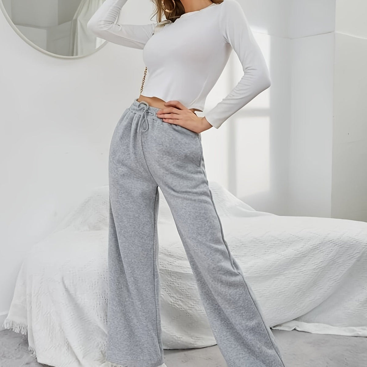 Comfortable High-Waisted Drawstring Sweatpants - Women's Fashion Clothing - Elastic Loose Fit, Long Length, Casual Style, Soft Fabric, Perfect for Daily Wear