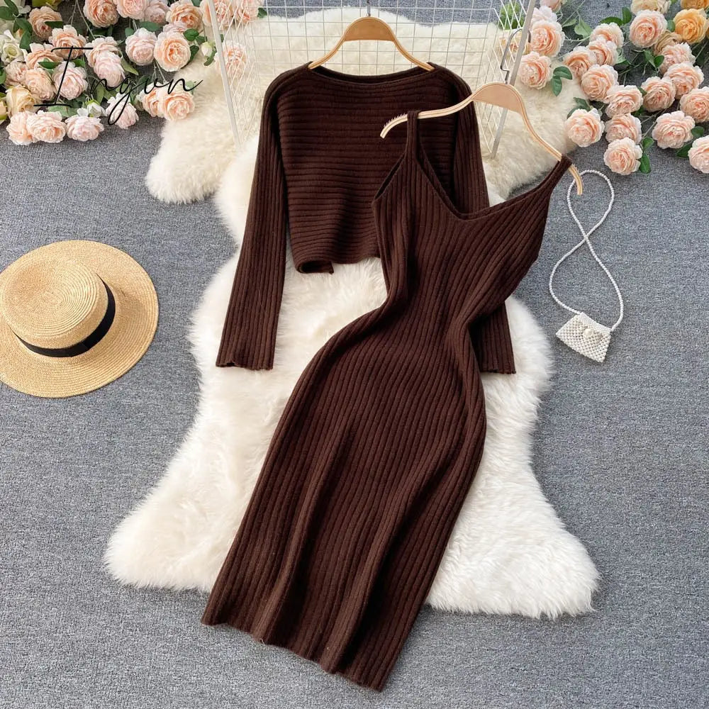 Ingvn - Women Elegant Slim Two Piece Sets Female Sweater Dress Autumn Winter High Waist Knitted Ensemble Femme Medium Long Party Dresses