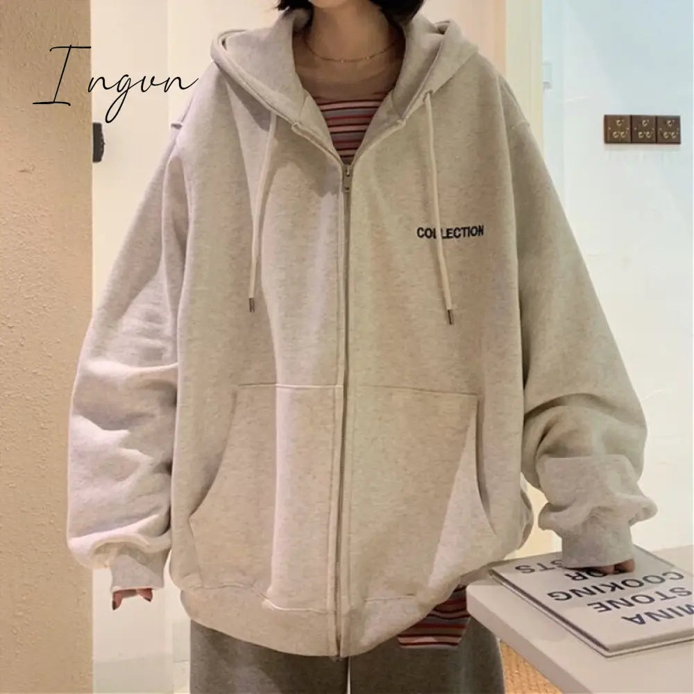 Ingvn - Y2K Vintage Oversized Women Hoodies Harajuku Aesthetic Zip Up Hooded Sweatshirt Top Long Sleeve E Girl Clothes Casual ins