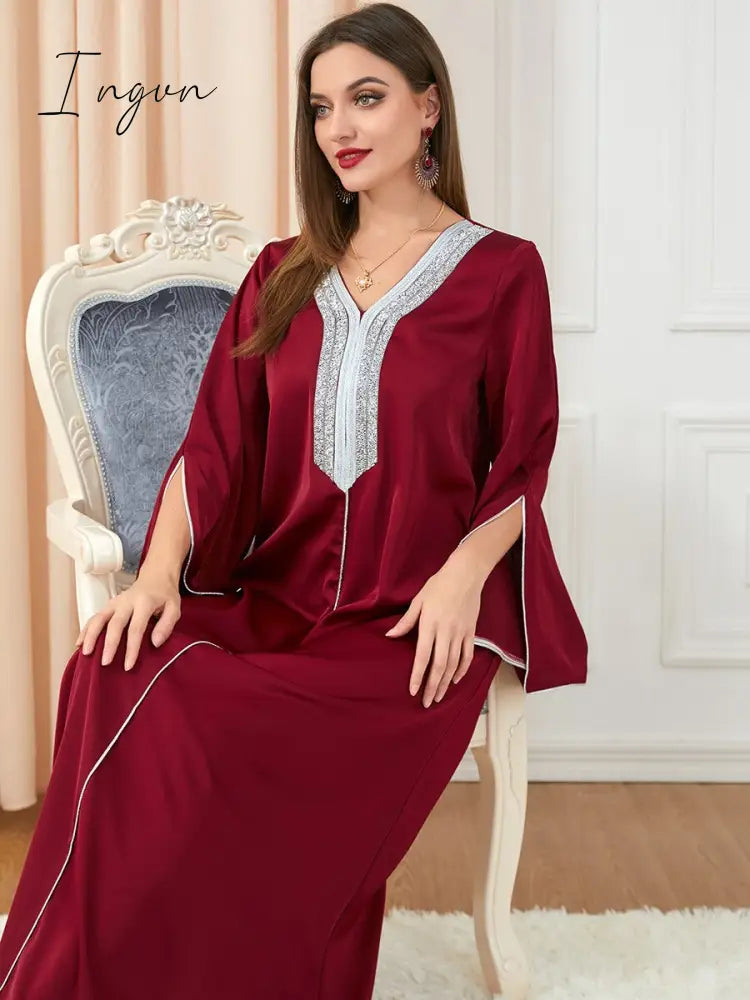 Ingvn - Party Dress Muslim Women Abaya Prayer Caftan V Neck Diamond Maxi Dresses Robe India Abayas Dubai Longue Vestidos Largos