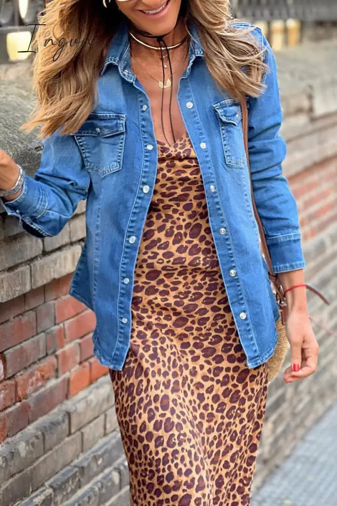 Ingvn - Street Solid Pocket Turndown Collar Long Sleeve Loose Denim Jacket