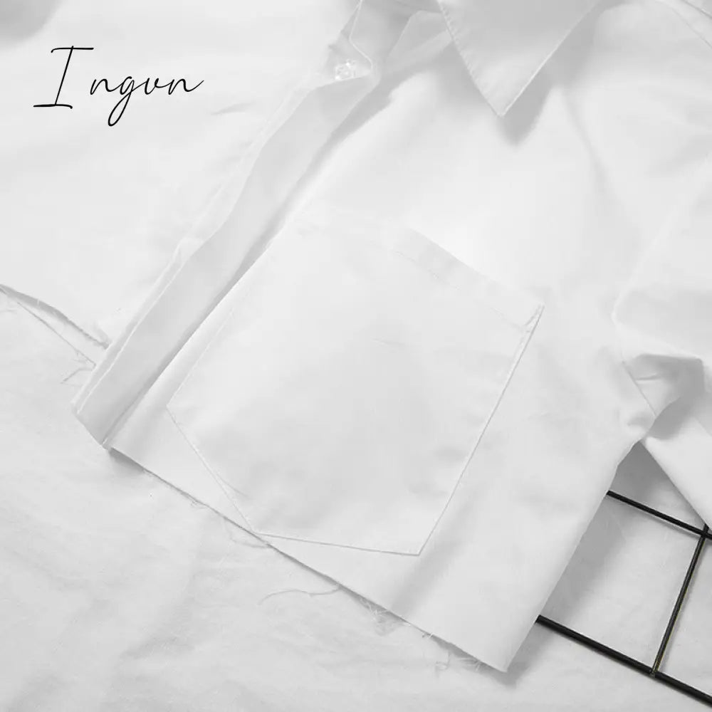 Ingvn - Sexy Crop Top Tassel Solid Color Shirt For Women Lapel Collar Long Sleeve Loose Oversized Shirts Female New