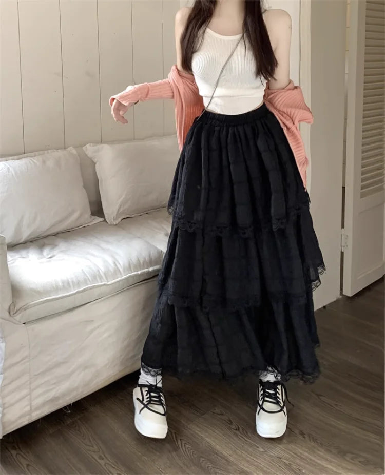 White Gauze Half Skirt Women Summer New French Vintage Cake Skirt High Waist A-line MIDI Skirt Korean Fashion Faldas
