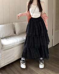 White Gauze Half Skirt Women Summer New French Vintage Cake Skirt High Waist A-line MIDI Skirt Korean Fashion Faldas