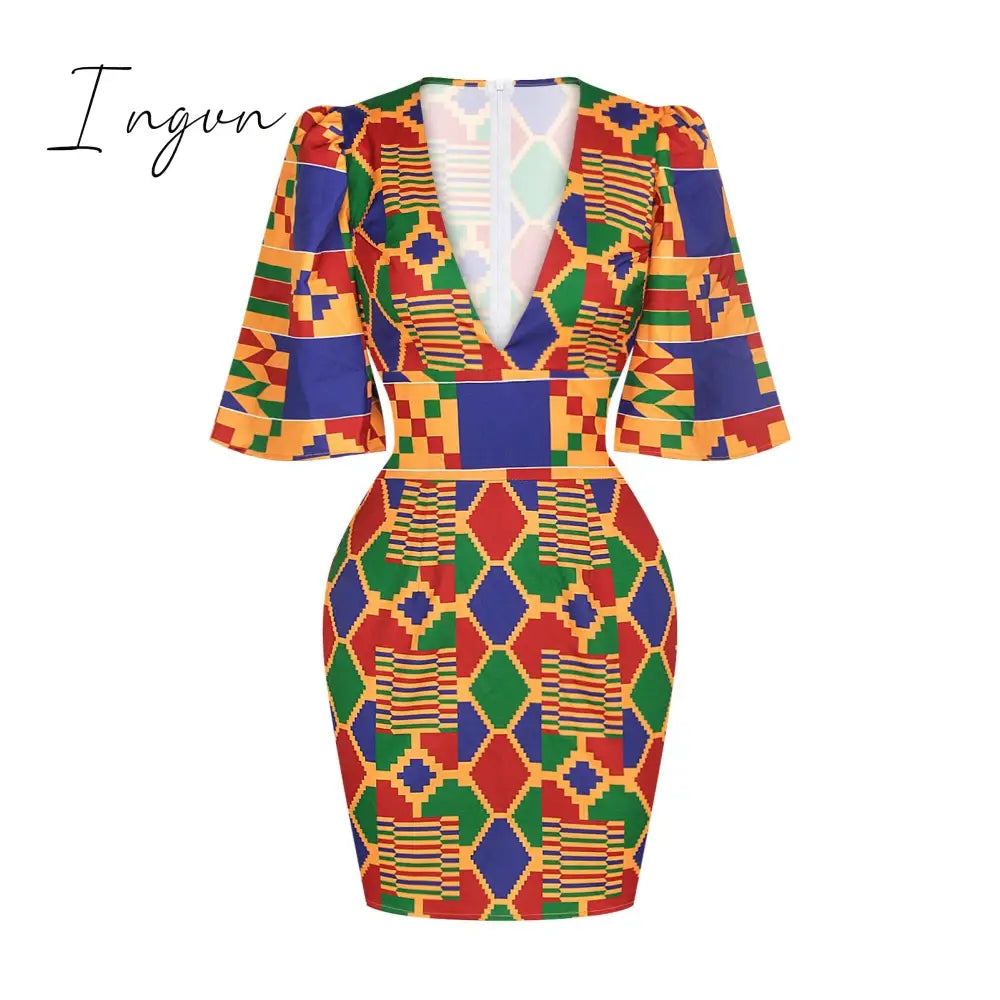 Ingvn - African Dresses for Women New Fashion Summer V-neck African Short Sleeve Printing Dress African Women Clothes