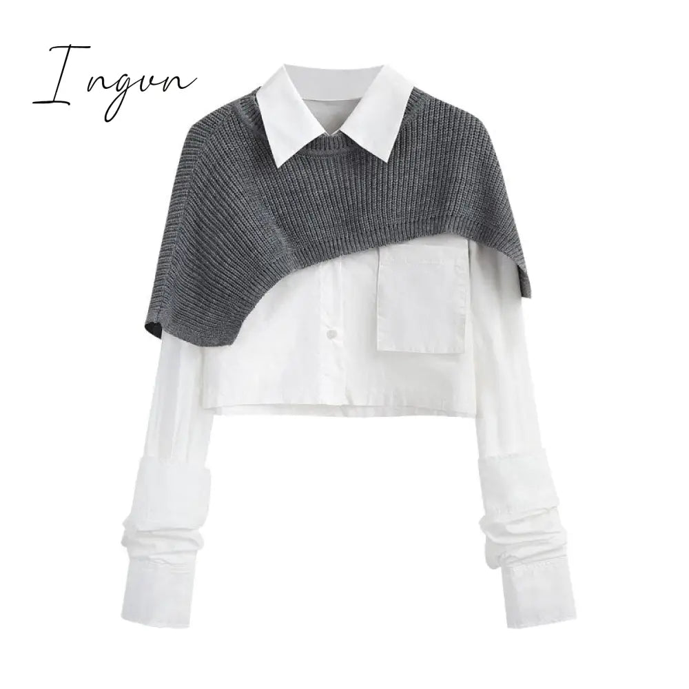 Ingvn - Spring Autumn Fashion Women Two Pieces Sets Long Sleeve Short Blouse Shirt + Solid Knitted Pullover Crop Shawl Sweater Female Tops
