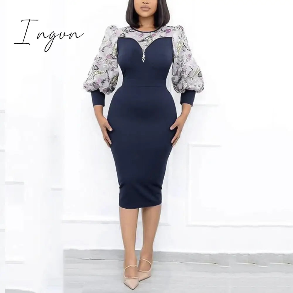 Ingvn - African Fashion Women Dresses Office Style Dot Patchwork Bow High Waist Bodycon Mid Calf Elegant Business Work Wear Vestidos New