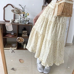 Pphmm 90s fashion Young-Looking Wooden Ear Small Fresh Floral Skirt Women's Japanese Soft Girl Niche Super Sweet Stitching Cake Dress